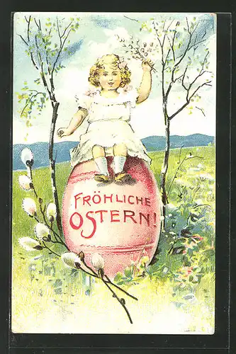 Präge-AK niedliches Mädchen auf einem grossen Osterei sitzend, Ostern