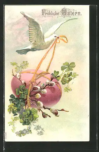 Präge-AK Fröhliche Ostern, Weisse Taube fliegt mit einem Osterei