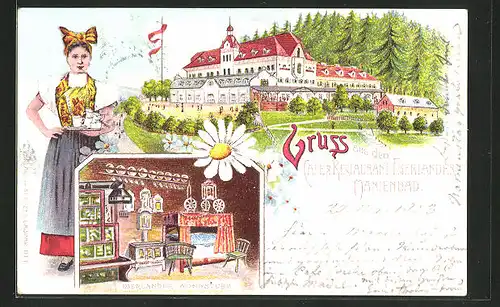 Lithographie Marienbad, Cafe & Restaurant Egerländer, Egerländer Wohnstube