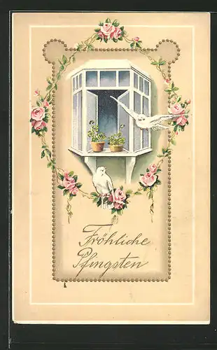 Präge-Lithographie weisse Tauben mit Rosengirlande vor dem Fenster, "Fröhliche Pfingsten"