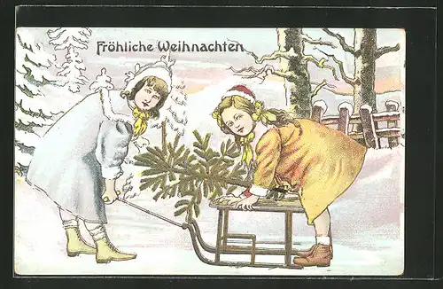 Präge-AK hübsche Mädchen mit Schlitten und Tannenbaum im Winter, Fröhliche Weihnachten