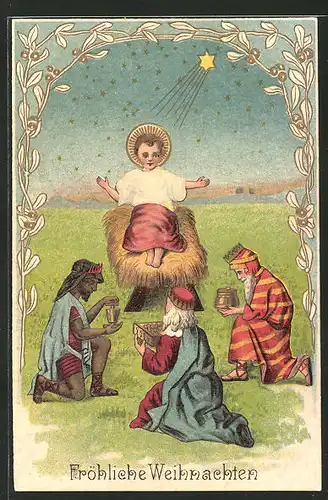 Präge-AK "Fröhliche Weihnachten", die heiligen drei Könige an der Krippe