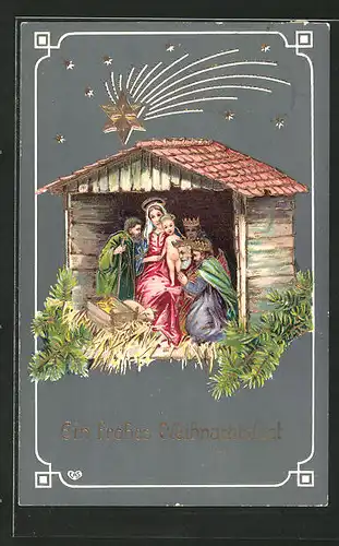 Präge-AK die heiligen drei Könige bei Maria & Jesus im Stall, Weihnachten