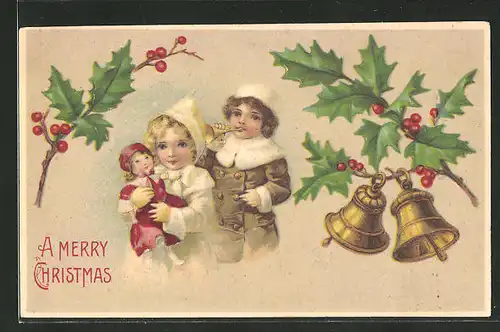 AK Junge spielt Trompete & Mädchen spielt mit Puppe, Mistelzweige & läutende Glocken, A Merry Christmas, Weihnachten