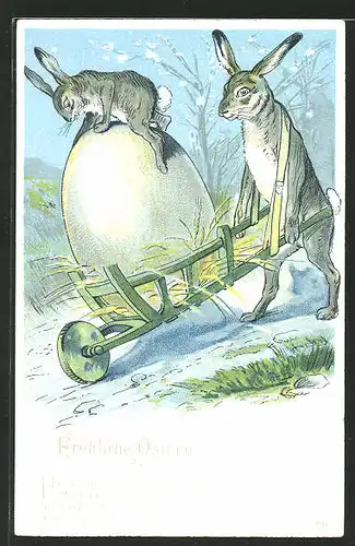 Lithographie Osterhase transportiert Ei und Hasenkind mit der Schubkarre, "Fröhliche Ostern"