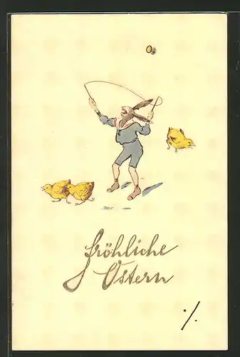 Präge-AK "Fröhliche Ostern", Osterhase mit Diabolo und Küken