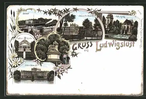 Lithographie Ludwigslust, Bahnhof, Vorderseite vom Schloss, Kath. Kirche, Luther-Kirche, Rückseite vom Schloss