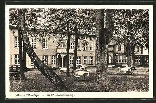AK Plau, Hotel Klüschenberg mit Gartenlokal