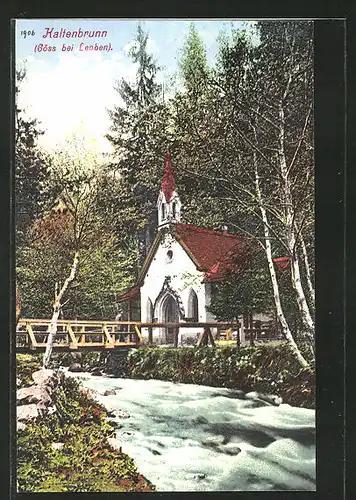 AK Göss, Kirche Kaltenbrunn mit Flusspartie