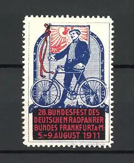 Reklamemarke Frankfurt a.M., 28. Bundesfest des Deutschen Radfahrerbundes, Mann mit Fahrrad