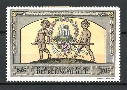 Reklamemarke Befreiungskriege, 50 Jahrfeier der Eröffnung der Befreiungshalle 1863-1913, zwei Träger mit Modell