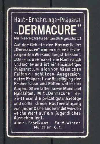 Reklamemarke München, Haut-Ernährungs-Präparat "Dermacure" der Firma M. Winter