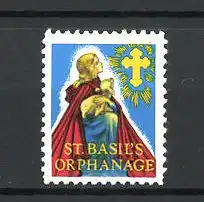 Reklamemarke St. Basie's Orphanage, Waisenhaus, Junge mit Lamm und Kreuz