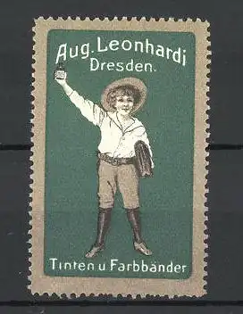 Reklamemarke Dresden, Tinten und Farbbänder August Leonhardi, Junge mit Flasche, grün