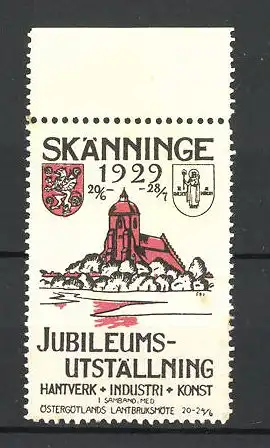 Reklamemarke Skänninge, Jubileums-Utställning Hantverk-Industri 1929, Ortsansicht mit Wappen