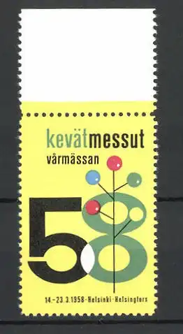 Reklamemarke Helsinki, kevät messut vårmässan 1958, Messelogo