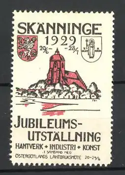 Reklamemarke Skänninge, Jubileums-Utställning Hantverk-Industri 1929, Ortsansicht mit Wappen