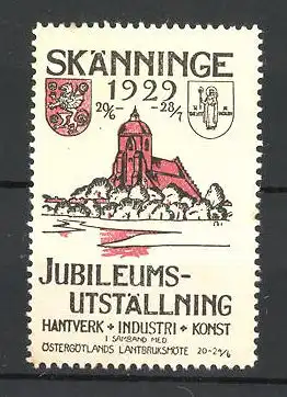 Reklamemarke Skänninge, Jubileums-Utställning Hantverk-Industri 1929, Ortsansicht mit Wappen