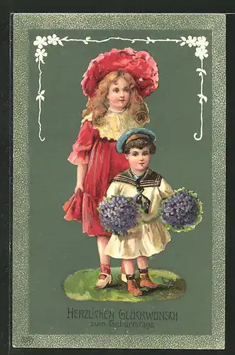 Präge-AK Herzlichen Glückwunsch zum Geburtstage, zwei hübsche Mädchen mit Blumensträussen