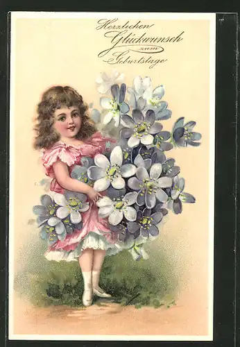 Präge-AK Herzlichen Glückwunsch zum Geburtstage, kleines Mädchen mit einem grossen Blumenstrauss