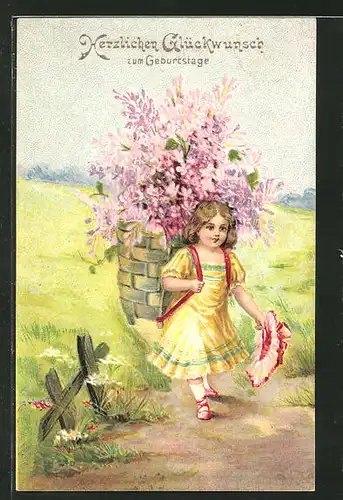 Präge-AK Herzlichen Glückwunsch zum Geburtstage, Mädchen mit einem Korb voller Blumen auf dem Rücken