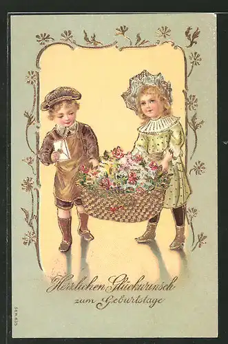 Präge-AK Herzlichen Glückwunsch zum Geburtstage, Mädchen und Junge tragen einen sehr grossen Blumenkorb