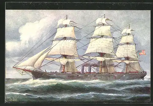 Künstler-AK Christopher Rave: Amerikanisches Kriegsschiff mit Vollschiff-Takelung in der 2. Hälfte des 19. Jhdts.