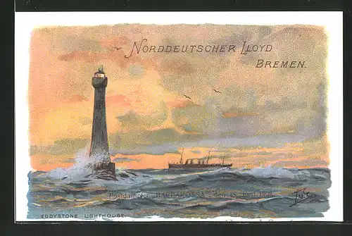 Künstler-AK Passagierschiff Barbarossa passiert den Leuchtturm Eddystone