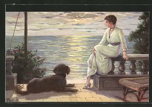 Künstler-AK Alfred Mailick: Auf der Terrasse, junge Dame mit Hund