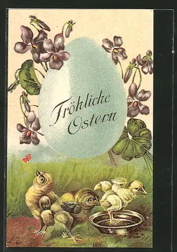AK Osterküken an Wasserschale, grosses Osterei mit Blumen und Ostergruss