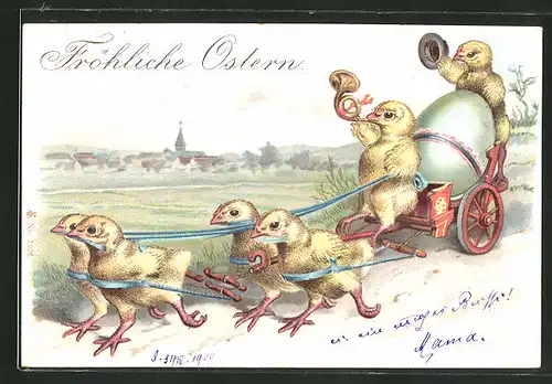 AK Osterküken ziehen einen Wagen mit Posthorn und Osterei