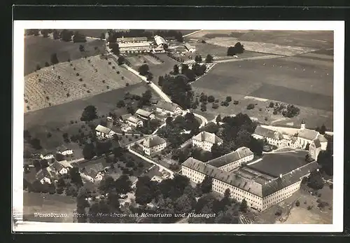 AK Wessobrunn, Kloster, Pfarrkirche, Römerturm und Klostergut aus der Luft gesehen