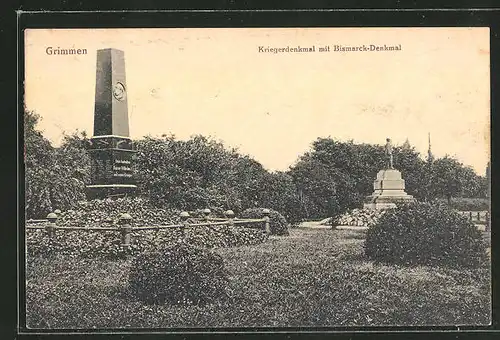 AK Grimmen, Kriegerdenkmal und Bismarckdenkmal