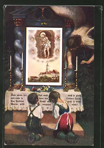AK Wies, betende Kinder am Altar mit Engel