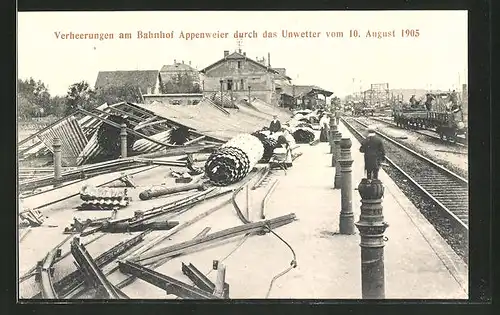 AK Appenweier, Verheerungen am Bahnhof durch das Unwetter vom 10. August 1905