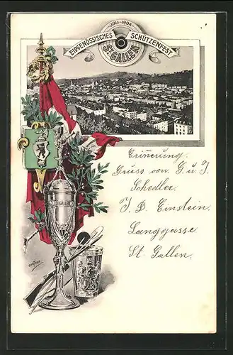 AK St. Gallen, Eidgenössisches Schützenfest 1904, Ortsansicht aus der Vogelschau, Fahne und Siegerpokal