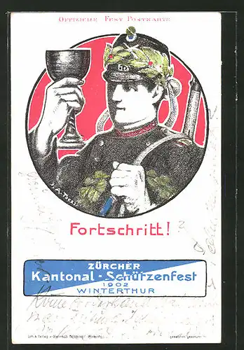 AK Winterthur, Züricher Kantonal-Schützenfest 1902, Schütze mit Weinglas