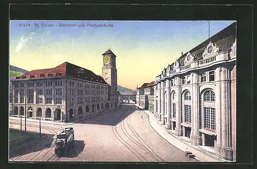 AK St. Gallen, Bahnhof und Postgebäude mit Strassenbahn