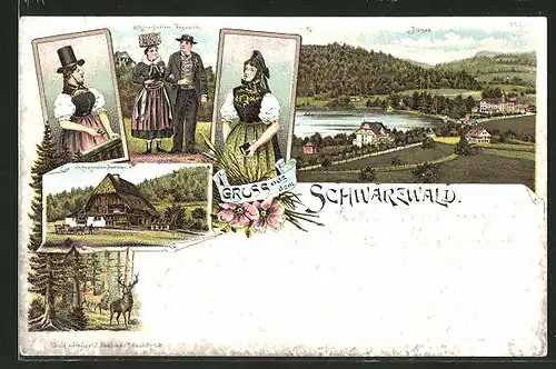 Lithographie Titisee, Paar und Frauen in Schwarzwälder Tracht & Schwarzwälder Bauernhaus