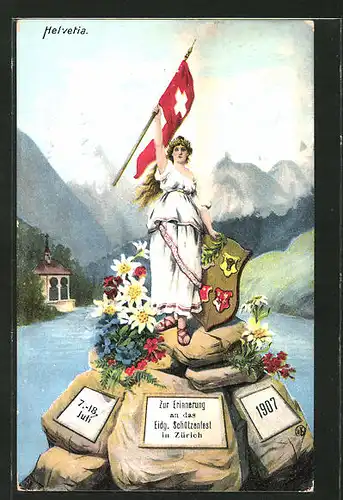 AK Zürich, Eidgen. Schützenfest 1907, Helvetia mit Fahne