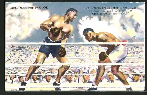 Künstler-AK Toledo, 1919, Jack Dempsey knocks out Jess Willard, Boxen