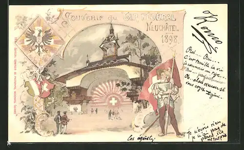 Lithographie Neuchatel, Tir Federal 1898, Festgelände, Wappen und Eidgenosse mit Fahne