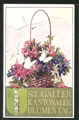 AK St. Gallen, Kantonaler Blumentag 1911, Blumenkorb mit Schmetterlingen