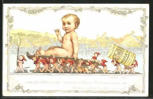 AK Kleinkind wird von Zwergen auf einem Tablett getragen, Reklame für Nestlé's Kindermehl