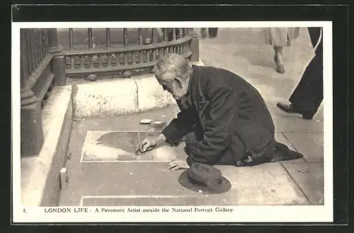 AK London, A Pavement Artist outside the National Portrait Gallery, Strassenmaler