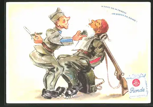 AK Reklame für Ronde schweizer Tabak, Soldat mit Zigarette pinselt Bart ein