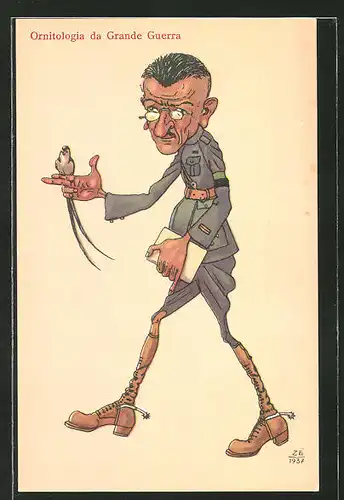 AK Ornitologia da Grande Guerra, Soldat mit Vogel auf der Hand, Karikatur