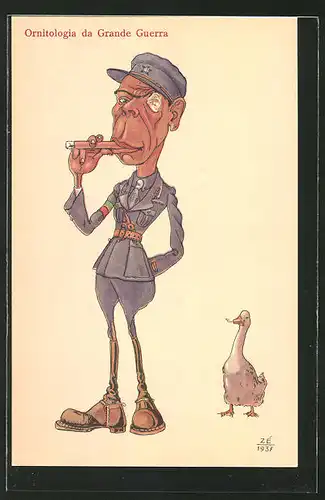 AK Ornitologia da Grande Guerra, Soldat mit Zigarre neben Ente mit Wurm, Karikatur