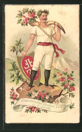 Präge-AK Bern, Eidgenössisches Turnfest 1906, Mann mit Horn und Schild