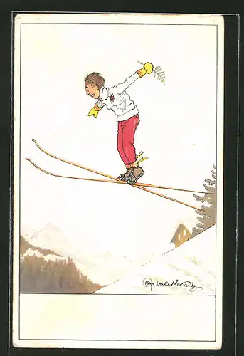 Künstler-AK Skifahrer im Sprung